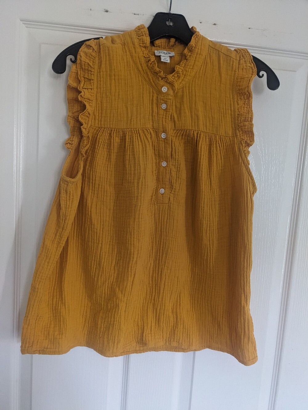 J. Crew Mustard Ruffle-Trim Sleeveless Cotton Gauze Shirt
